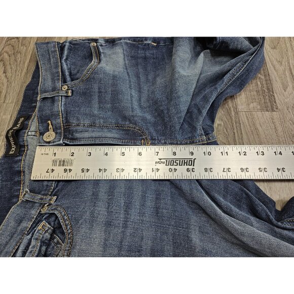 Express Jeans Womens 10 Blue Bell Crop High Rise Distressed Flare Denim Pants - Picture 9 of 10